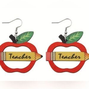 NWT Dangle Earrings Wood Apple Teacher Educator Education